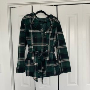 Forest green, black, and white pea coat. Size L